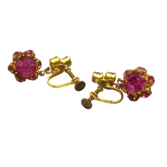 Vintage Czech Crystal Bead Drop Earrings, Perfect Pink Encrusted Dangles, Gold - Picture 4 of 5